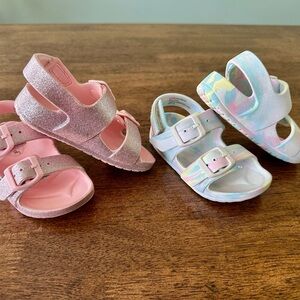 TWO Cat & Jack Adjustable Sandals, Toddler Size 6 (Glitter Pink + Marble Pastel